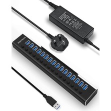 Leaf Shop USB Hub Rshtech 16 Bağlantı Noktası 100W USB 3.0 Veri Merkezi Alüminyum USB Bağlantı Noktası Genişletici Bireysel Açma/kapama Anahtarları ve 12V/8.3A Güç Adaptörü (RSH-A16)