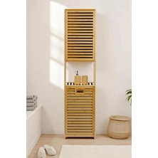 Leaf Shop Bambu Kirli Sepetli 1 Raflı Kapaklı Banyo Dolabı Banyo Düzenleyici Çamaşır Sepeti Organizer DB-0010