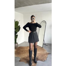 Asfa Moda Kadın Antrasit Yüksek Bel Kemerli Old Money Viskon Pileli Şortlu Mini Etek