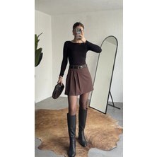 Asfa Moda Kadın Kahverengi Yüksek Bel Kemerli Old Money Viskon Pileli Şortlu Mini Etek