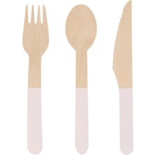 Meri Meri - Ahşap Çatal-Kaşık-Bıçak Set - Pembe - 24 Adet