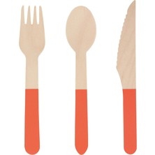 Meri Meri - Ahşap Çatal-Kaşık-Bıçak Set - Kırmızı - 24 Adet