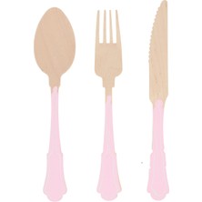 Meri Meri - Ahşap Çatal-Kaşık-Bıçak Set - Pembe Çizgili - 24 Adet