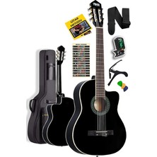 Leaf Shop MGX-100BK-BAG Üst Seviye Klasik Gitar 4/4 Sap Ayarlı Gül Klavye (Tuner Çanta Askı Capo Metod Pena)