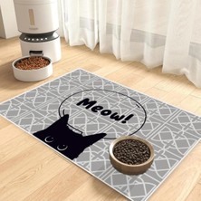 Kedi ve Köpek Mama Altlıgı Evcil Hayvan Beslenme Matı (Gri-Siyah Kedi) Kolay Temizlenir Yıkanabilir