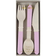 Meri Meri - Pink Wooden Cutlery Set - Pembe Tahta Çatal-Kaşık-Bıçak Set