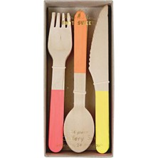 Meri Meri - Neon Wooden Cutlery Set - Neon Tahta Çatal-Kaşık-Bıçak Set
