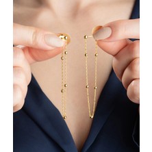 Aya Diamond Gümüş Çift Zincirli Gold Top Detaylı Kadın Küpe