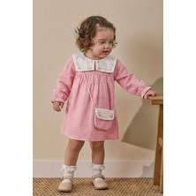 Minipodyum Şık Kız Bebek Nakışlı Bebe Yaka Müslin Elbise Pamuk Çantalı Özel Günler İçin