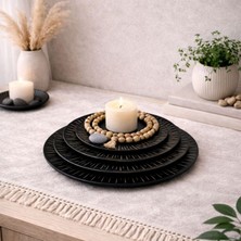 Uretti - Okay 5711 7554 Ahşap Dekoratif Tabak Seti 4’lü – Modern Desenli Yuvarlak Masaüstü Dekor - Siyah