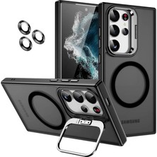 Leaf Shop Samsung Için Kılıf Kamera Korumalı Magsafe Wireless Şarj Özellikli Mat Şeffaf Renkli Standlı Kılıf (Lens Hediyeli) (Siyah, S23 Ultra)