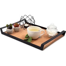 Leaf Shop Büyük Ham Renk Servis ve Sunum Tepsisi, Metal Kulplu Ahşap Tepsi - 48,5X32 cm