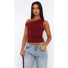 Rora Asimetrik Kesim Büzgü Detaylı Esnek Bluz