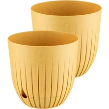 Leaf Shop Adet Çizgi Saksı Seti Tabaklı Delikli Plastik Çiçek Saksısı Set (Sarı, 2 Litre)