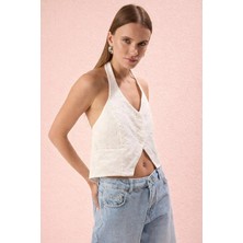 Rora Beyaz Fitted V Yaka Astarlı Brode/fisto Yelek/bluz