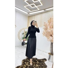 Rt Butik Kadın Deri Görünümlü Piliseli Etek Siyah Renk S Beden Uzun Tasarım