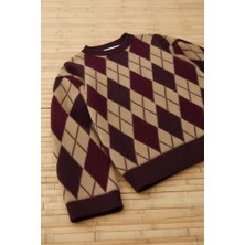 Jaste Kadın Mürdüm Oversize Triko Kazak Bisiklet Yaka Argyle Desenli Rahat Kesim