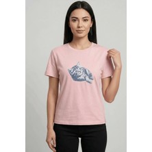 Cemo Kadın Bisiklet Yaka Kedi Baskılı Basic Tişört