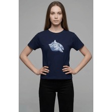 Cemo Kadın Bisiklet Yaka Kedi Baskılı Basic Tişört