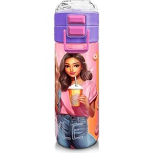 Leaf Shop High Kız Çocuk 500 ml Okul ve Günlük Paslanmaz Çelik Termos - Pembe Mercan Fashion Girl Desenli - Sızdırmaz