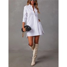 Rora Premium Likralı Beyaz Gömlek Elbise – Pamuk-Cepli, Iç Göstermez, Oversize Tasarım