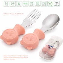 Jojobebek Pembe Renk Ayıcık Figürlü Premium Çocuk BPA Free Silikon Sap Paslanmaz Çelik Uçlu Çatal-Kaşık Set ve Saklama Kutusu 9+ Ay
