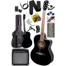 Leaf Shop XC-300XBK-AMP Profesyonel Amfili Siyah Elektro Akustik Gitar (Amfi Gigbag Çanta Tuner Capo Askı Jak Kablo Pena)