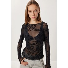 Rora Flok Baskılı Büzgülü Transparan Bluz