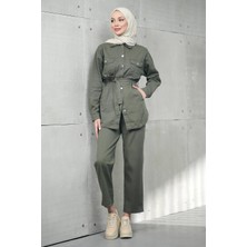 İmaj Butik Haki Bel Bağlamalı Cepli Ceket Pantolonlu Kot Takım