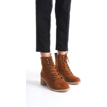 DMR Elegance Lena Bağcıklı Fermuarlı Ortopedik Taban Topuklu Süet Kadın Bot Stt - Taba