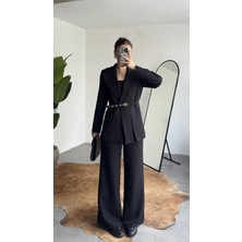 Asfa Moda Kadın Siyah Kemerli Blazer Ceket Bel Lastikli Palazzo Pantolon Ikili Takım