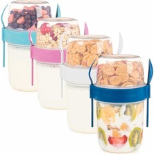 Leaf Shop ml Take-Go Kaşıklı Hazneli Meyveli Müsli Kabı Piknik Iş Yoğurt Süt Bardağı Kapaklı ve Kaşıklı Kahvaltı Bardakları, Tahıl Tepesi Yulaf Ezmesi Granola (4'lü Set)
