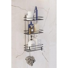 Leaf Shop Boyu Paslanmaz Yapışkanlı Düz Banyo Düzenleyici Şampuanlık Duş Rafı Siyah Kancalı Tş-03