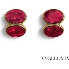 Oval Formlu Modern Kırmızı Taşlı Çelik Küpe