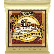 Leaf Shop Ball Earthwood Ipek ve Çelik Ekstra Yumuşak Akustik Gitar Telleri 80/20 Bronz 3 Paket Ölçer 10-50