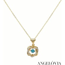 Taşlı Mavi Çiçek Figürlü  Kolye