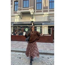 Rora Ekose Desenli Asimetrik Kesim Şifon Midi Etek