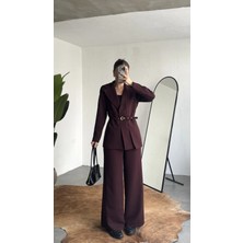 Asfa Moda Kadın Bordo Kemerli Blazer Ceket Bel Lastikli Palazzo Pantolon Ikili Takım