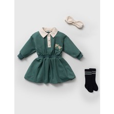 Kız Bebek Yeşil Kolej Tarzı Polo Yaka Elbise Takımı - Bandana ve Çorap Dahil 3'lü Set 9-36 Ay
