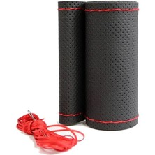 Leaf Shop Deri Dikme Direksiyon Kılıfı, Siyah Mavi Kırmızı Ip Renk Seçeneği, Dikişli Deri, Universal Boyutu, Kırmızı Dikişli