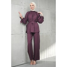 İmaj Butik Bordo Bel Bağlamalı Tunik Pantolonlu Tensel Takım