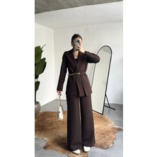 Asfa Moda Kadın Kahverengi Kemerli Blazer Ceket Bel Lastikli Palazzo Pantolon Ikili Takım