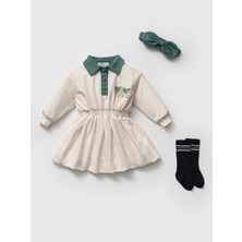 Kız Bebek Yeşil Kolej Tarzı Polo Yaka Elbise Takımı - Bandana ve Çorap Dahil 3'lü Set 9-36 Ay