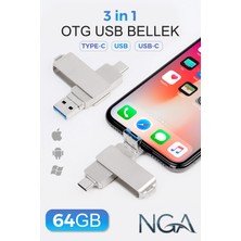 NGA 64GB 3 In 1  Otg Flash Bellek USB 3.0 Yüksek Hız (Type-C Usb-C Lightning)  Iphone-Android-Pc Uyumlu