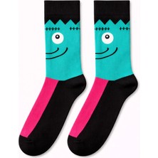 Solde Erkek Pamuklu Günlük Çorap – Canavar Figür Desenli, Turkuaz/siyah Pembe Detaylı, Kaliteli