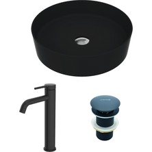 Creavit Loop Siyah Mat Çanak Lavabo Armatür ve Sifon Başlığı Set