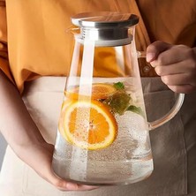 Leaf Shop Cam Sürahi | Süzgeçli Paslanmaz Çelik Kapaklı, Isıya Dayanıklı Soğuk & Sıcak Içecek Servis Sürahisi (1800 Ml) | Detoks Içecek Sürahisi Soğuk ve Sıcak Içecekler Için