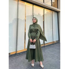 Miostil Kuşak Detay Saten Elbise-Haki