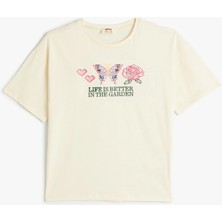 Koton Kız Çocuk Tişört Slogan Temalı Kısa Kollu Ekru Baskılı Bisiklet Yaka Şık Tasarım