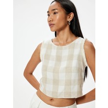 Koton Keten Karışımlı Crop Oversize Üst Kolsuz Yuvarlak Yaka Kareli